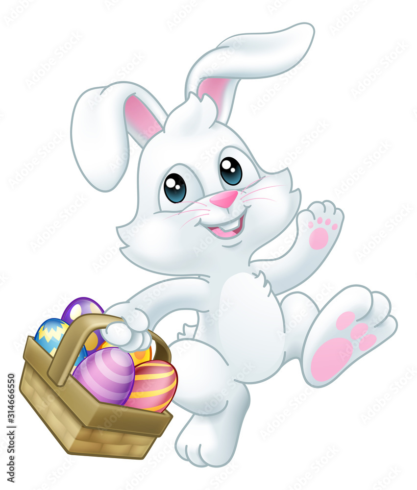 Easter bunny rabbit cartoon character holding a basket full of painted  Easter eggs Stock Vector | Adobe Stock