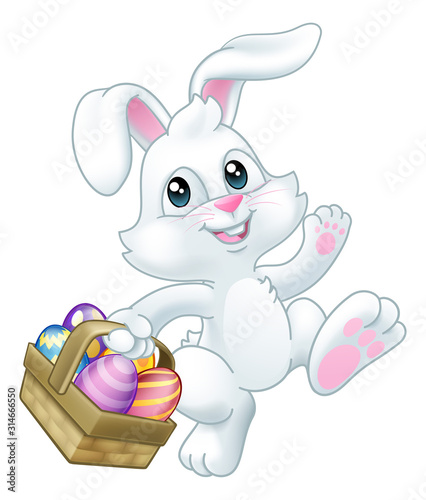 Easter bunny rabbit cartoon character holding a basket full of painted Easter eggs