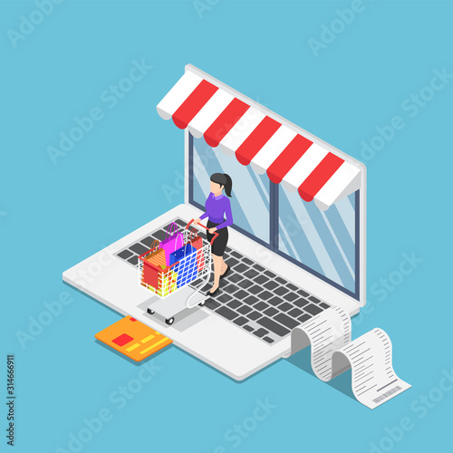 Isometric business woman with cart shopping on online store on laptop