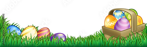 Easter background with basket or hamper full of Easter eggs in a field of grass.