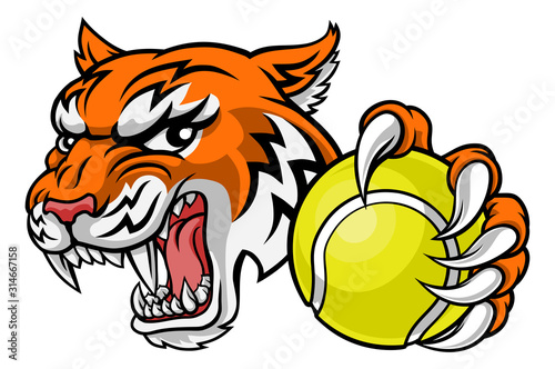 A tiger tennis player cartoon animal sports mascot holding a ball in its claw