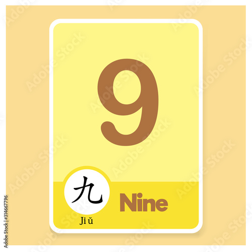 Printable Flashcard learning number 9. 2 Laguages bilingual,Mandarin Chinese English. For preschool years and kindergarten kids learning numbers, to count. Vector illustration