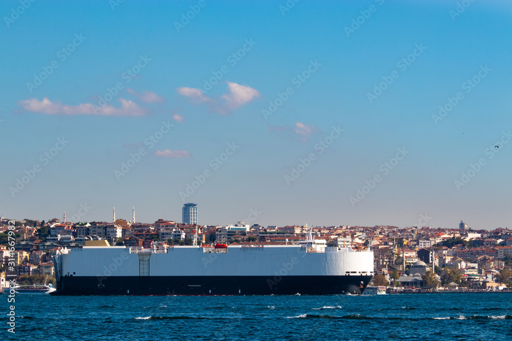 Large RoRo(Roll on/off) vehicle carrying cargo ship in bosphorus canal