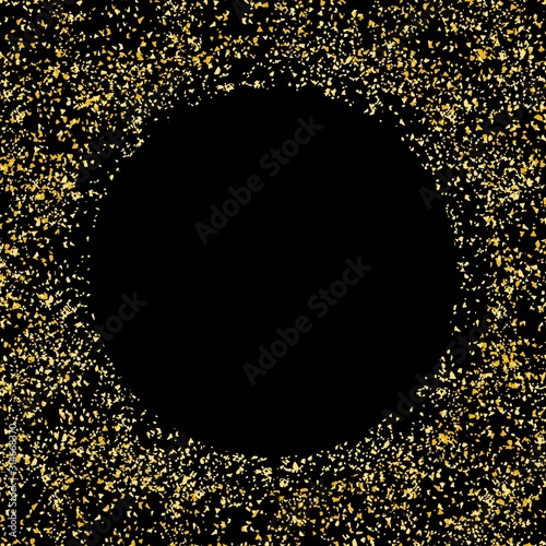Golden splash or glittering spangles round frame with empty center for text. Gold glittering circle made of tiny dots on black background.