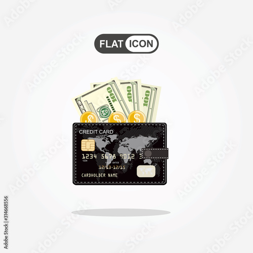 Credit card wallet with dollar banknotes and coins, credit card template. World map on black background.