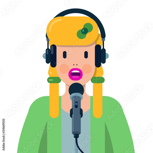 vector illustration with woman speaking into microphone and wearing headphones