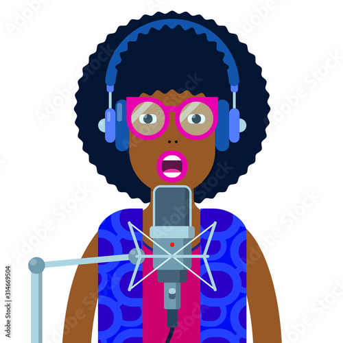 vector illustration with woman speaking into microphone and wearing headphones