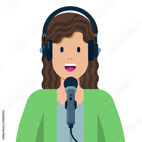 vector illustration with woman speaking into microphone and wearing headphones