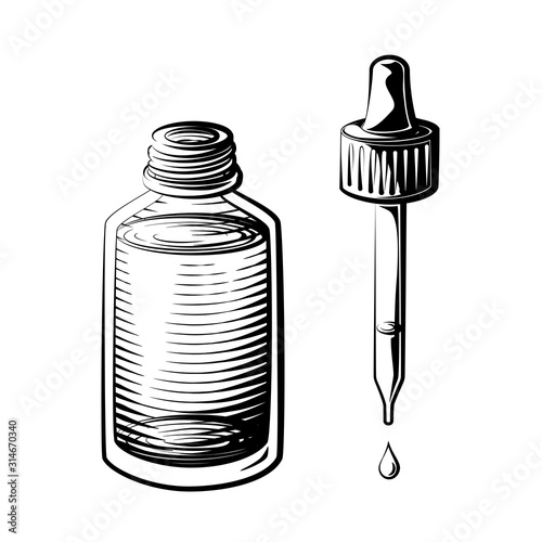 Small medicine or essential oil bottle with pipette vector illustration.