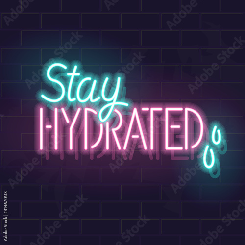 Neon stay hydrated typography with water drops. Glowing blue and pink line art square illustration for poster, banner. Fluorescent isolated vector motivation lettering for article cover.