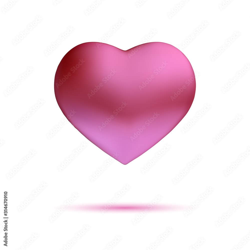Pink heart. 3D love symbol isolated on white background. Element for congratulatory composition. Vector illustration.