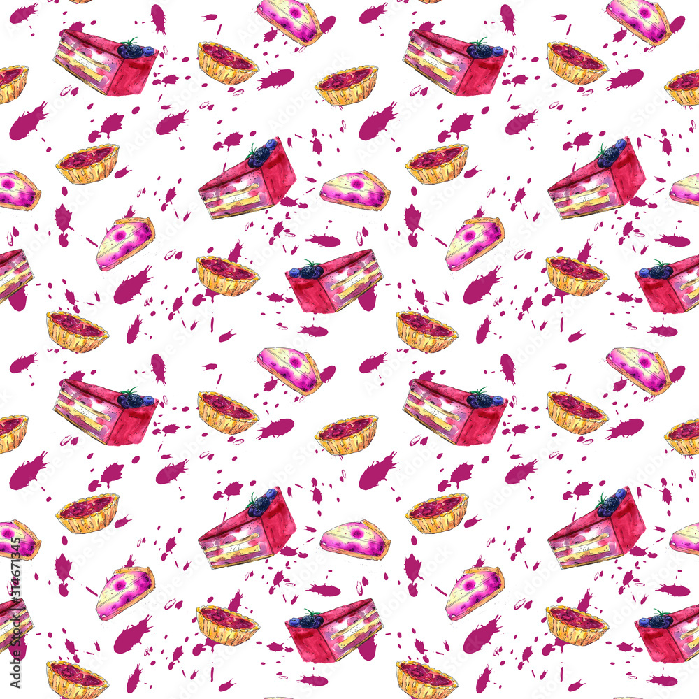 Pattern watercolor with cake and berries on a white background