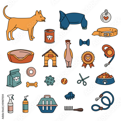 Pet store for dogs set black and white. Vector illustration doodles