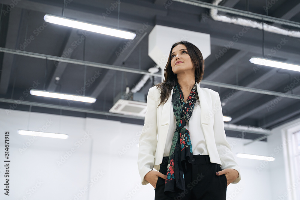Confident caucasian woman achieving business success in modern office. Low angle shot. Confident caucasian woman achieving business success in modern office. Low angle shot.