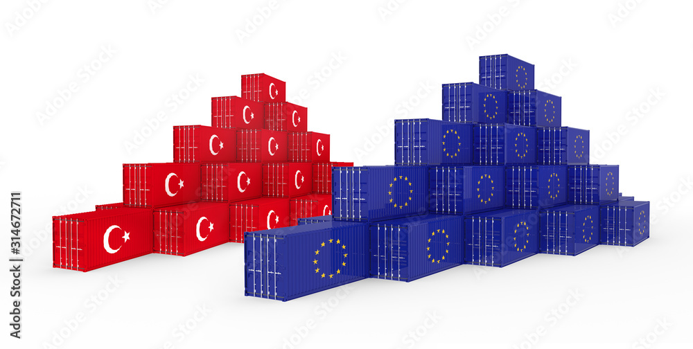 3D Illustration of Cargo Container with Turkey Flag on white background. Delivery, transportation, shipping freight transportation.