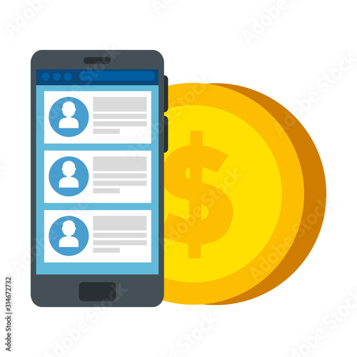 smartphone device with chat and coin vector illustration design