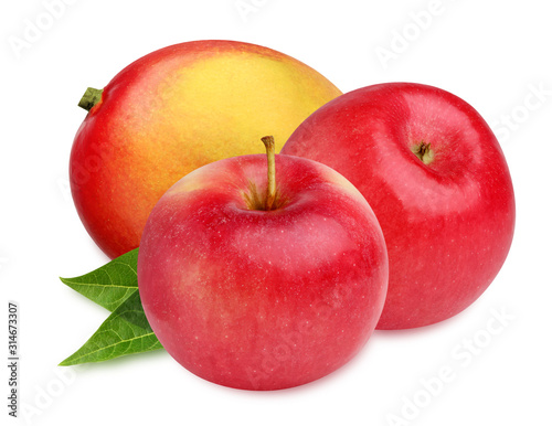 mango and apples isolated on a white background with a clipping path