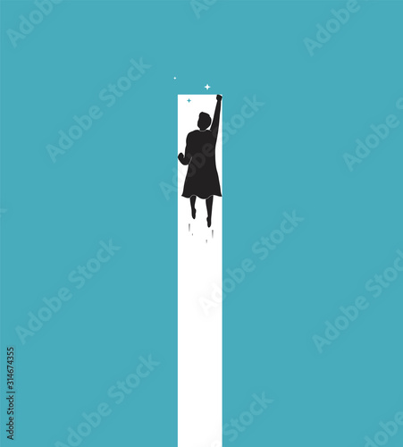 Achievement goal, businessman superhero flies up. Minimalistic concept of career growth, business performance, winning strategy.