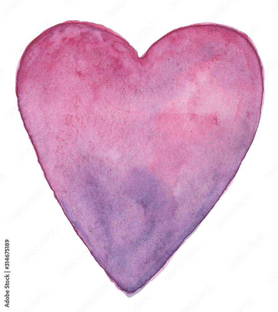 Purple-pink heart in watercolor isolated on white background Purple-pink heart in watercolor isolated on white background