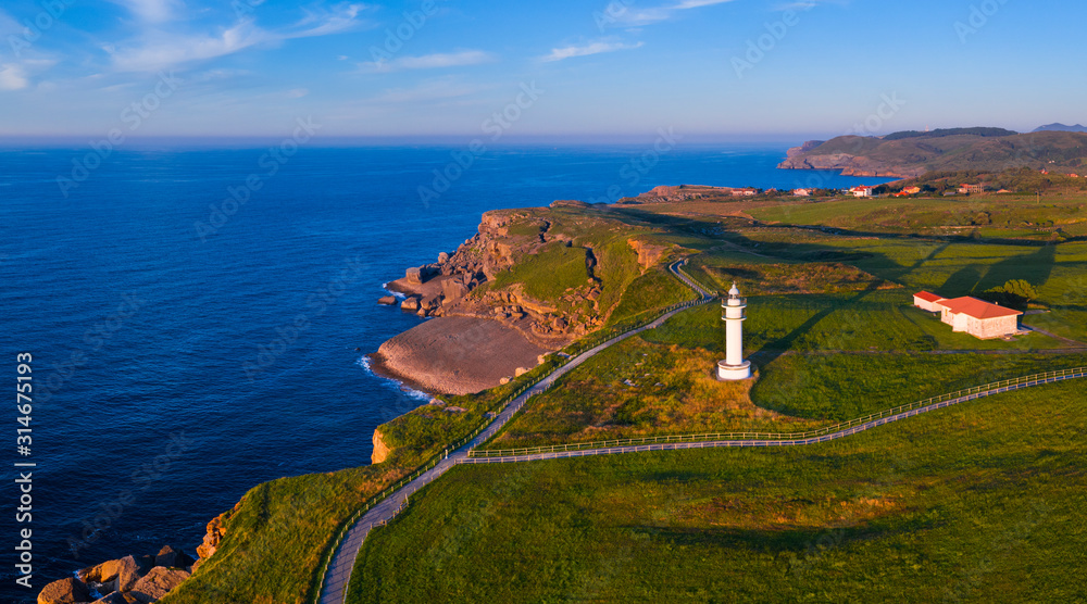 Aerial View, Ajo Lighthouse, Ajo, Bareyo Municipality, Cantabria, Cantabrian Sea, Spain, Europe