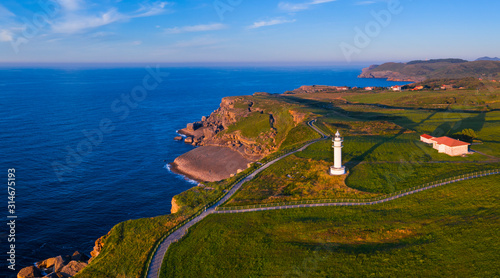 Aerial View, Ajo Lighthouse, Ajo, Bareyo Municipality, Cantabria, Cantabrian Sea, Spain, Europe