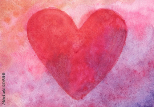 Red heart on purple-orange background in watercolor