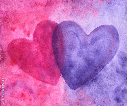 Two hearts on purple-red background in watercolor