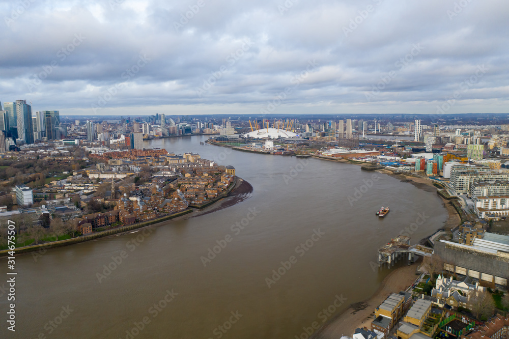 Greenwich district aerial view with Cutty Sark and the Isle of Dogs.