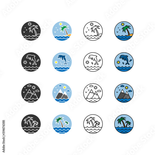 Nature, vacation, camping. Set of icons, logos. Flat design style. Editable stroke