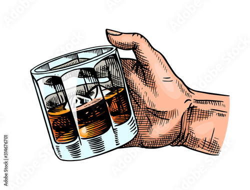 Glass of whiskey or Scotch in hand. Cheers toast. Vintage Strong Alcohol drink. Hand drawn engraved monochrome sketch for retro poster, badge. American symbol.