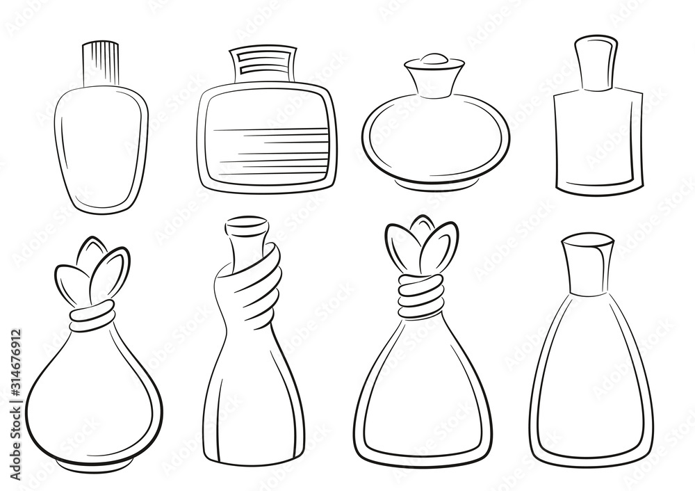 Set of Perfume, Cologne and Eau de Toilette Bottles Black Contours Isolated on White Background. Vector Set of Perfume, Cologne and Eau de Toilette Bottles Black Contours Isolated on White Background. Vector