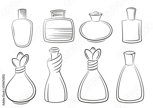 Set of Perfume, Cologne and Eau de Toilette Bottles Black Contours Isolated on White Background. Vector
