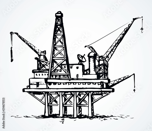 Offshore oil rig. Vector ink style illustration