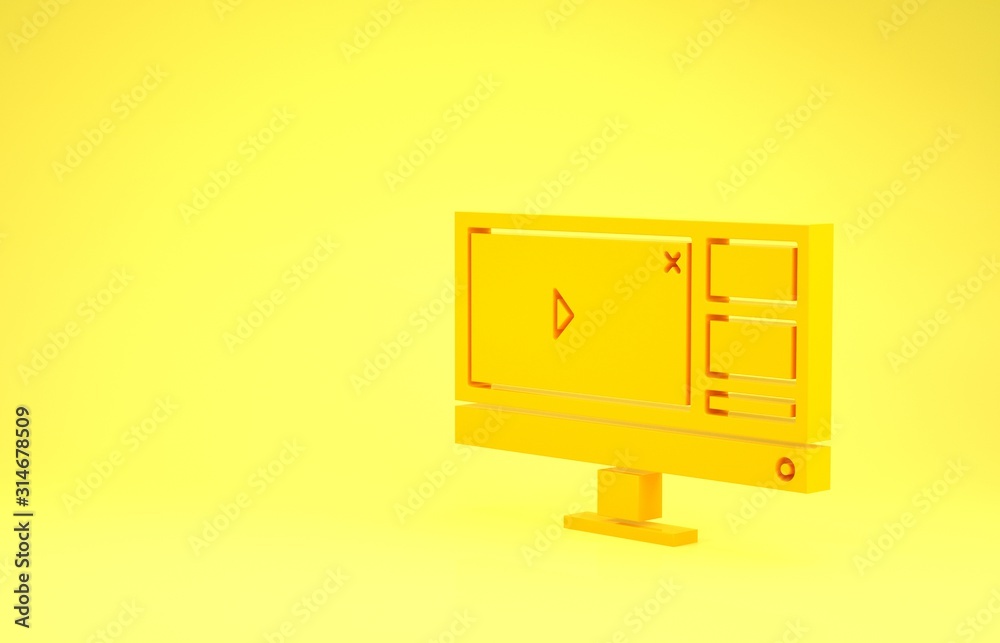 Yellow Video recorder or editor software on computer monitor icon isolated  on yellow background. Minimalism concept. 3d illustration 3D render Stock  Illustration | Adobe Stock
