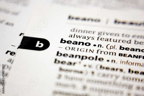 Word or phrase beano in a dictionary. photo