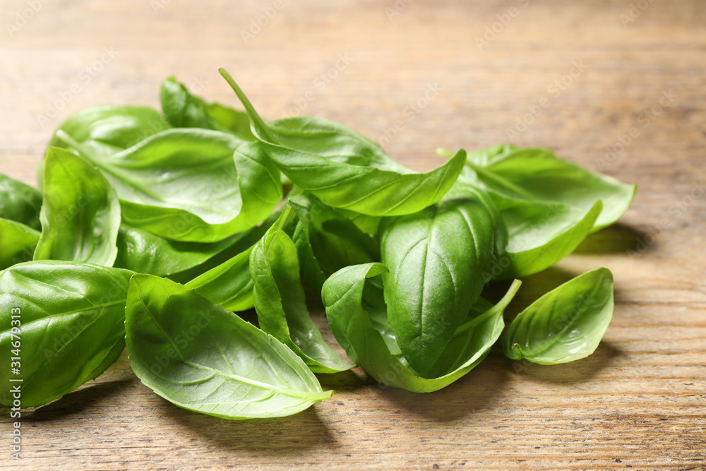 Fresh basil leaves on wooden table, closeup Fresh basil leaves on wooden table, closeup