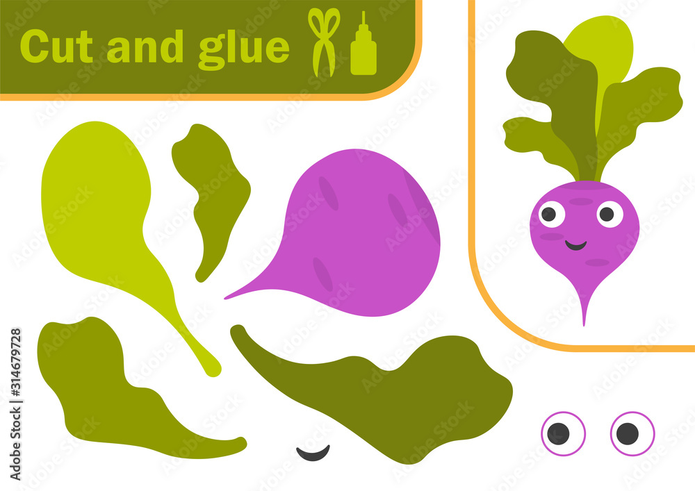 Vector illustration of a vegetable violet radish or beetroot with a cute smile. paper game for the development of preschool children. Cut parts of the image and glue on the paper
