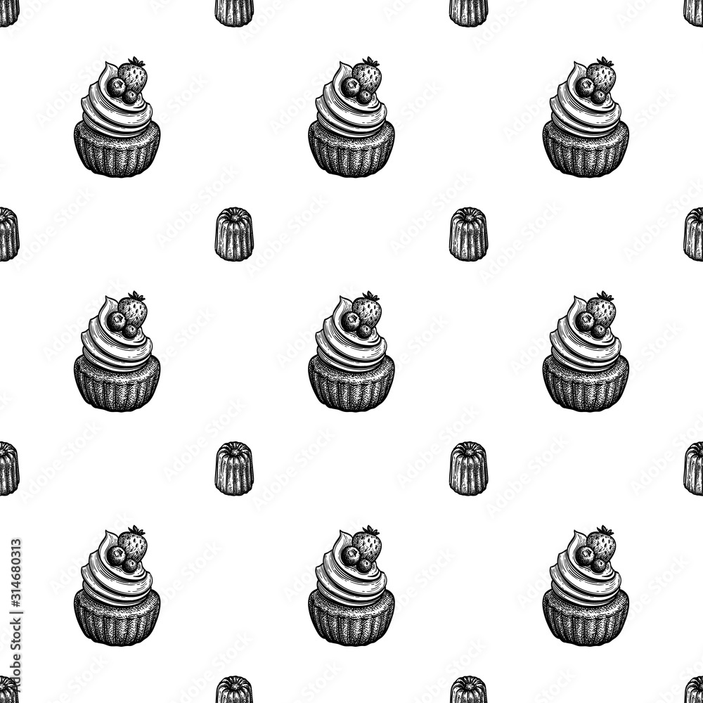 Seamless pattern with canele and rum baba. Seamless pattern with canele and rum baba.