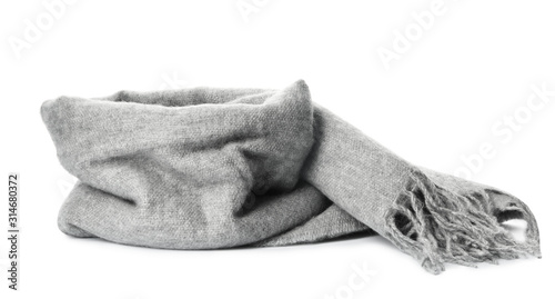 Grey scarf isolated on white. Warm accessory photo