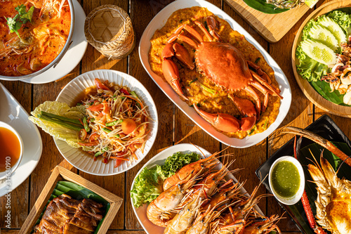 Vary Thai foods on the wood table