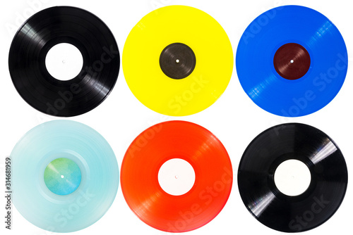 Foto Collection of various color vinyl records isolated on white background