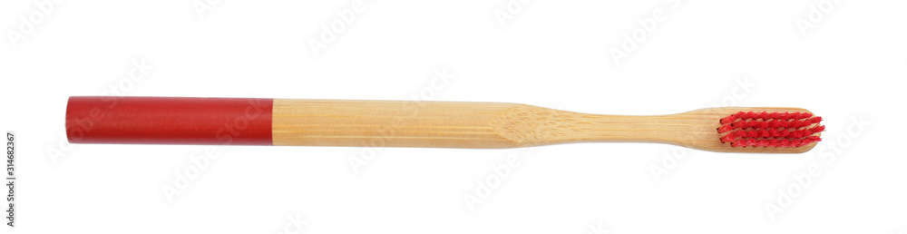 Bamboo toothbrush with red bristle isolated on white, top view