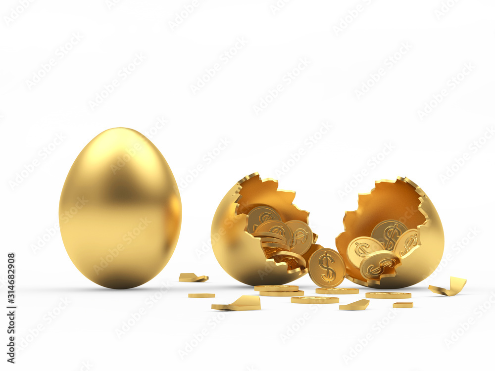Golden egg and broken egg shell with coins isolated on a white background. 3D illustration