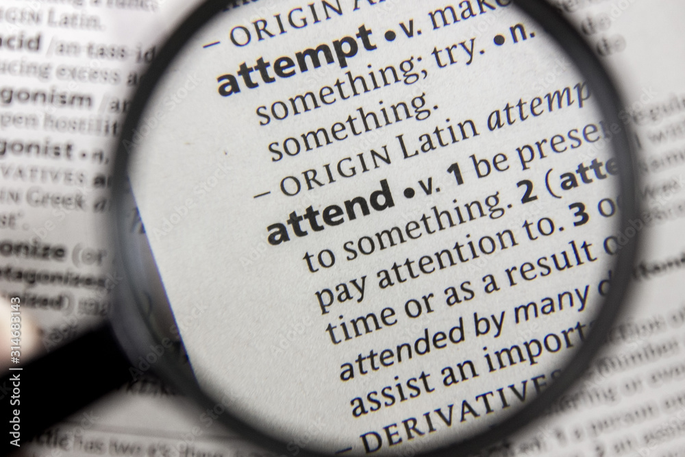 The word or phrase attend in a dictionary. The word or phrase attend in a dictionary.