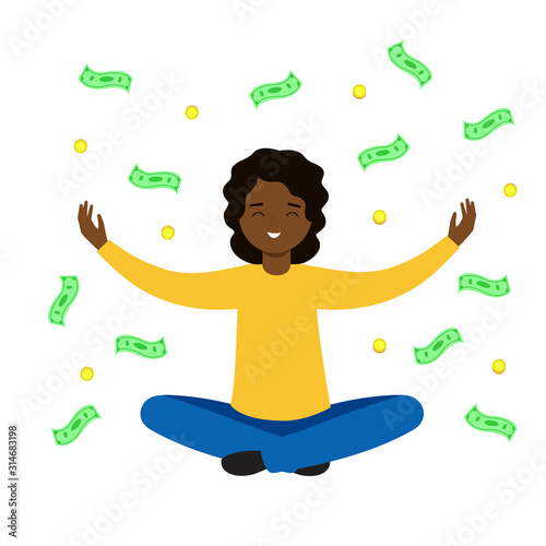 Bills and coins are swirling over the man's head. Happy woman catches falling money. Make a fortune