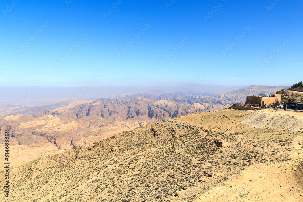 Arabah valley desert panorama with mountains in Jordan