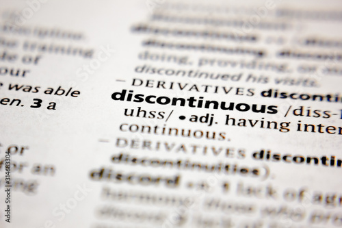 Word or phrase discontinuous in a dictionary.
