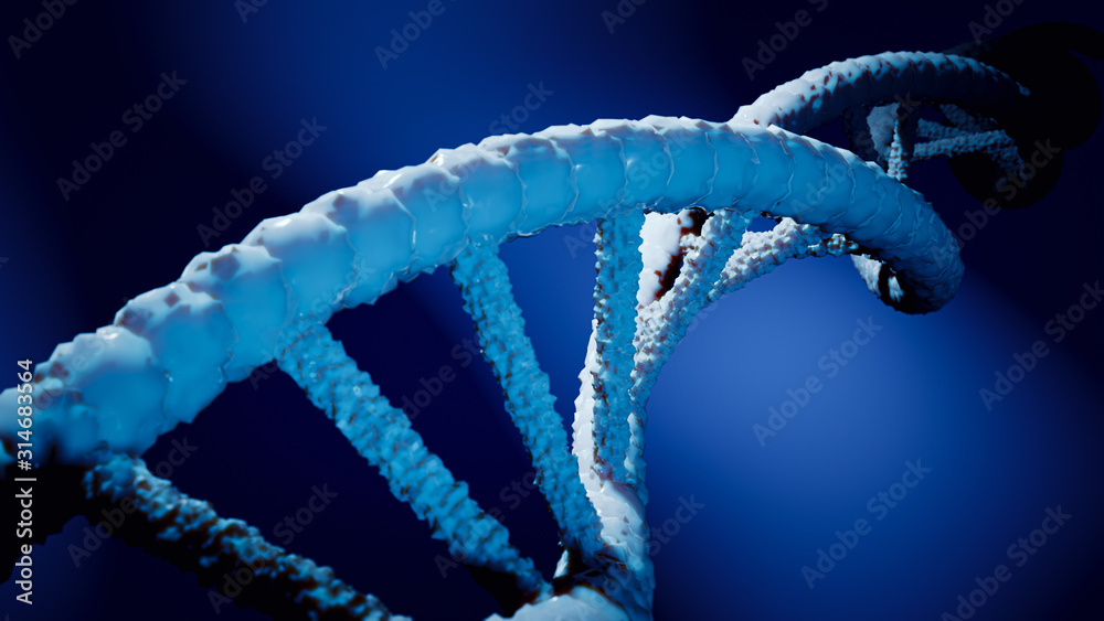 Blue DNA structure on blurred background. 3D Illustration