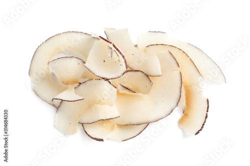 Pile of coconut chips isolated on white