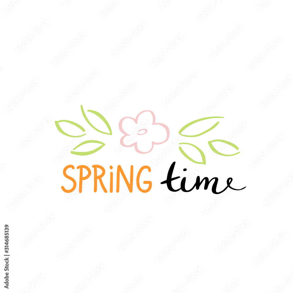 Hand written Spring time phrases in color. Greeting card text templates. Hello Spring lettering in modern calligraphy style. Spring wording. Brush Pen lettering Hello spring